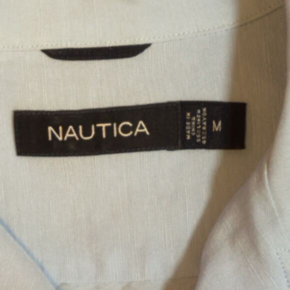 Nautica Men’s Medium Button Down Shirt Short Sleeve Linen Blue - Picture 2 of 5